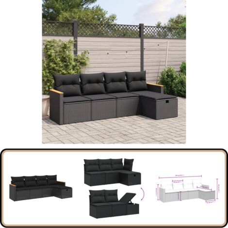 Salon de jardin 5 pcs avec coussins noir résine tressée - Ensemble Salon De Jardin - Salon De Jardin Extérieur - Mobilier De Jardin - Canapé Jardin - Chaise Lounge
