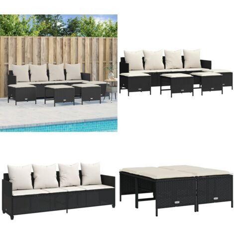 Salon de jardin 5 pcs avec coussins noir résine tressée - Ensemble Salon De Jardin - Salon De Jardin Extérieur - Mobilier De Jardin - Chaise Longue - Pouf Pliable - Home & Living