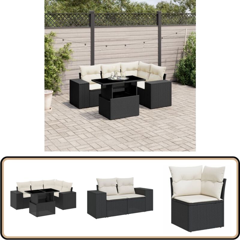 Salon de jardin 5 pcs avec coussins noir résine tressée - Ensemble Salon Jardin - Meuble Extérieur - Jardin Design - Mobilier Résistant Aux