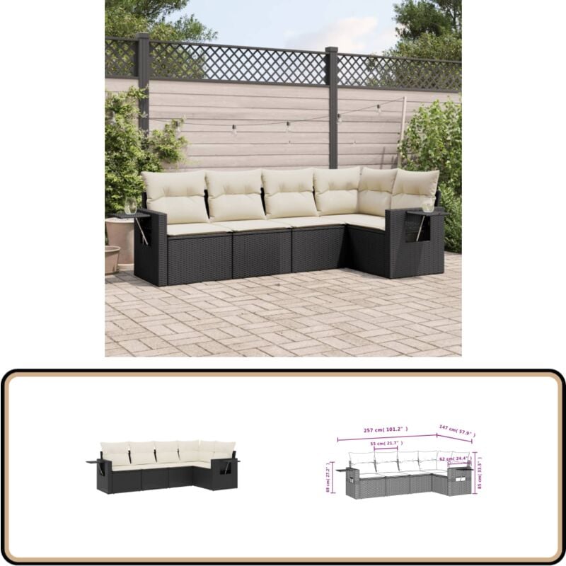 Salon de jardin 5 pcs avec coussins noir résine tressée - Ensemble Salon Jardin - Meuble Extérieur - Résine Tressée - Rotin Synthétique - Mobilier De