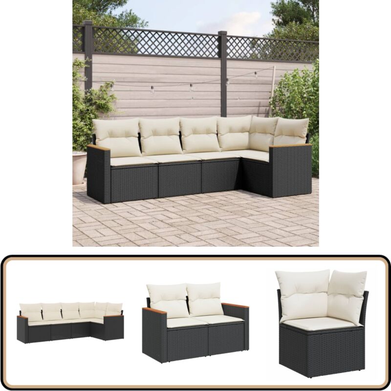 Salon de jardin 5 pcs avec coussins noir résine tressée - Salon De Jardin - Mobilier Extérieur - Canapé D'angle - Fauteuil De Jardin - Set Salon De