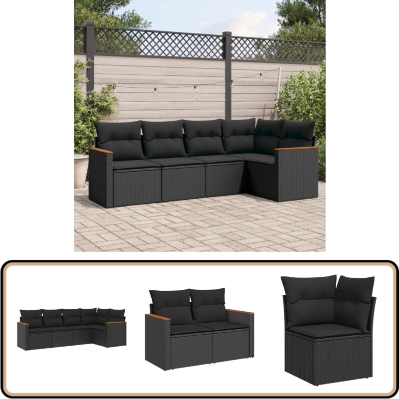 Salon de jardin 5 pcs avec coussins noir résine tressée - Salon De Jardin - Mobilier Extérieur - Canapé D'angle - Set Salon De Jardin - Résine Tressée