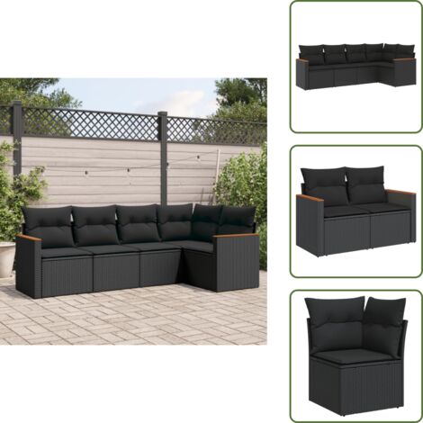 Salon de jardin 5 pcs avec coussins noir résine tressée - Salon De Jardin - Mobilier Extérieur - Canapé D'angle - Set Salon De Jardin - Résine Tressée