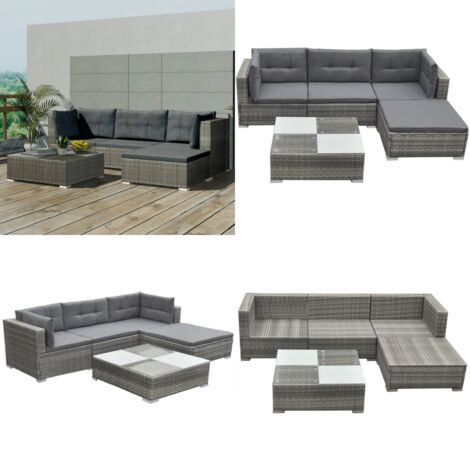 Salon de jardin 5 pcs avec coussins résine tressée gris - Salon De Jardin - Meubles De Jardin - Salon Extérieur - Ensemble De Canapés - Canapé D'angle - Home & Living