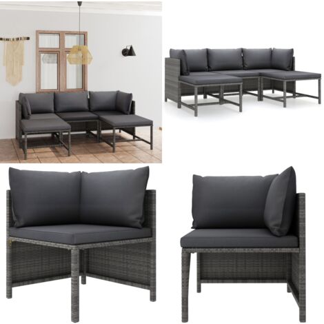 Salon de jardin 5 pcs avec coussins Résine tressée Gris - Salon De Jardin - Mobilier De Jardin - Ensemble De Salon - Meubles De Jardin - Résine Tressée - Home & Living