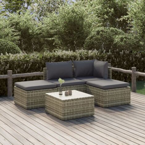 Salon de jardin 5 pcs Meuble de jardin Mobilier de jardin avec coussins Gris Résine tressée 87966