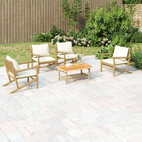 Salon de jardin 5 pcs,Mobilier de terrasse,Table et Chaise pour Relax avec coussins blanc crème bambou -YZ134486