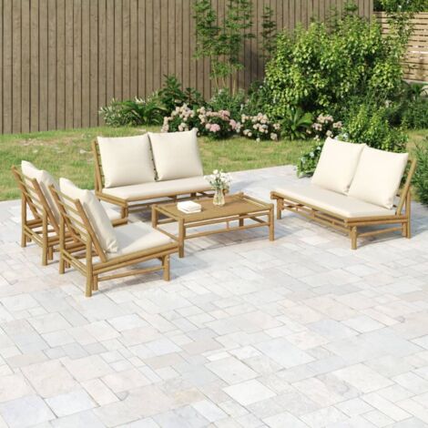 Salon de jardin 5 pcs,Mobilier de terrasse,Table et Chaise pour Relax avec coussins blanc crème bambou -YZ627101