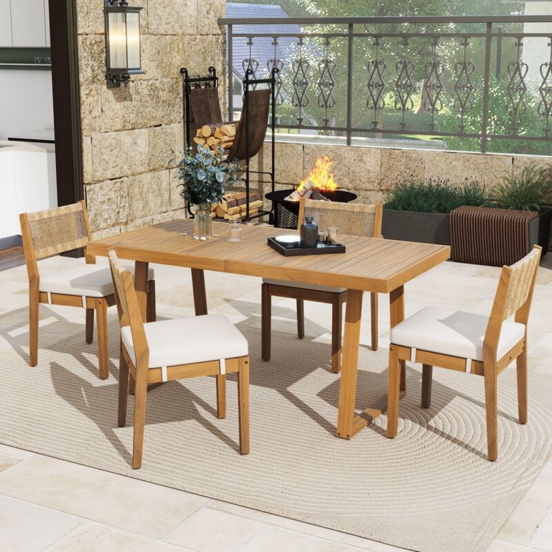 Salon de jardin 5 pièces, avec 4 chaises, 1 table en bois d'acacia, dossier en rotin pe, pour 4 personnes, adapté à l'arrière-cour ou à la terrasse