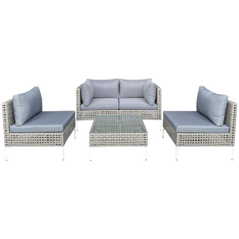 Salon de Jardin 5 Pièces, Canapé en Osier avec Coussins d'Assise et de Dossier, Table Basse en Verre Trempé pour Jardin, Piscine et Porche, Gris