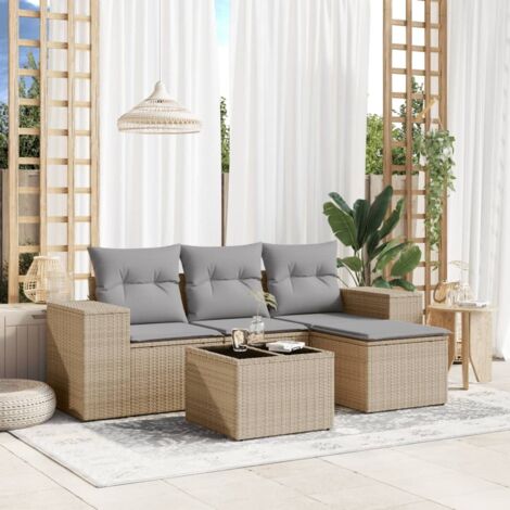 Salon de Jardin 5 Pièces en Résine Tressée Beige avec Table en Verre et Coussins Modulables - Ensemble Canapé D'angle, Chaise et Pouf