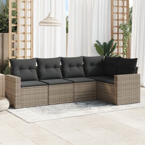 Salon de Jardin 5 Pièces en Résine Tressée Gris avec Coussins Amovibles et Rangement, Modulable, pour Terrasse et Jardin