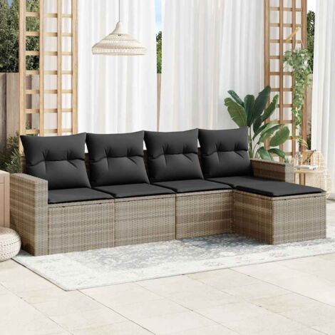 Salon de Jardin 5 Pièces en Résine Tressée Gris Clair avec Coussins et Fonction Rangement - Ensemble Modulaire Canapé, Fauteuils et Pouf pour Terrasse