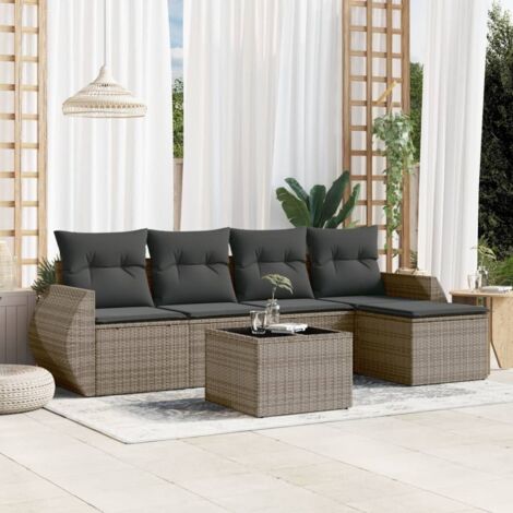Salon de Jardin 5 Pièces Noir en Résine Tressée avec Coussins et Pouf - Set Modulaire