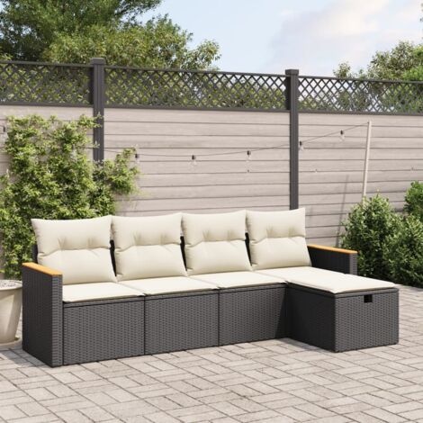 Salon de Jardin 5 Pièces Noir Résine Tressée avec Coussins Crème - Ensemble Modulaire Canapé et Pouf
