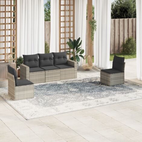 Salon de jardin 5 pièces résine tressée gris clair et coussins gris foncé avec rangement