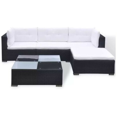 Salon de jardin 5 pièces résine tressée noir et coussins blanc Kim