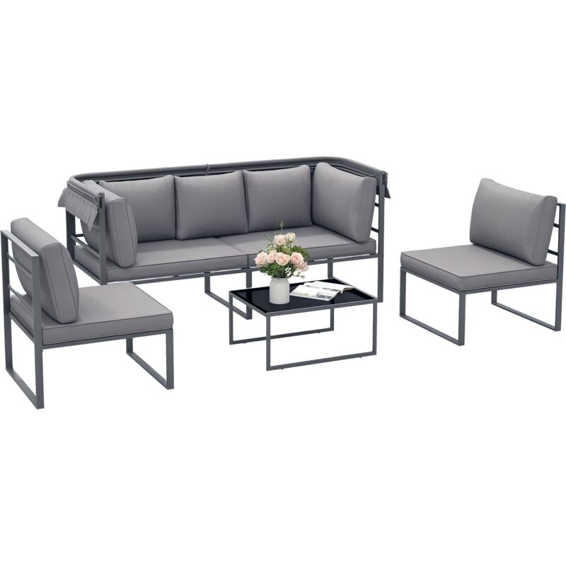 Salon de jardin 5 places 4 pièces - canapé avec auvent rétractable - coussins déhoussables gris