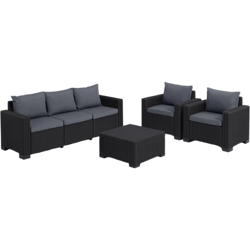 Salon de jardin 5 places California : Canapé 3 places + 2 fauteuils + Table basse - Anthracite Keter