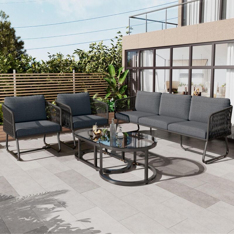 Salon de jardin, 5 places, en acier, avec canapé 3 places, 2 fauteuils, 2 table basse en verre, coussins, ensemble de balcon en corde - gris