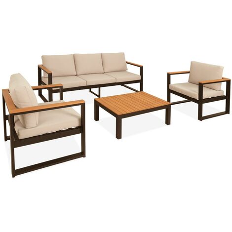Sweeek – Salon de jardin 5 places en aluminium et eucalyptus – Structure légère et robuste – Résistant aux intempéries et UV – Coussins déhoussables beige