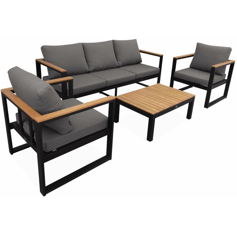Salon de jardin 5 places en aluminium et eucalyptus – nazca Noir / Gris foncé