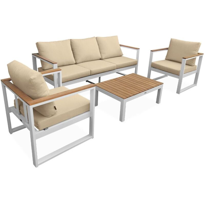 Salon de jardin 5 places en aluminium et eucalyptus – nazca Blanc / Beige
