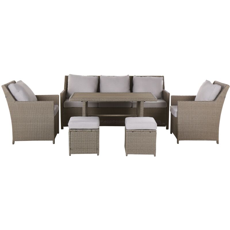 Salon de Jardin avec Canapé et Table et Fauteuil et 2 Ottomans Polyrotin et Aluminium Taupe et Gris Pour Déco Extérieure Moderne Beliani