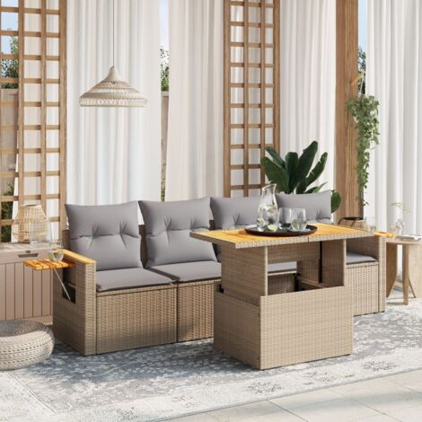 Salon de jardin 5 places en résine tressée beige avec coussins gris, table extensible et modulaire, dimensions 100x55 cm