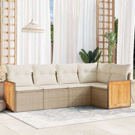 Salon de jardin 5 places en résine tressée beige avec coussins, rangement intégré et housses lavables