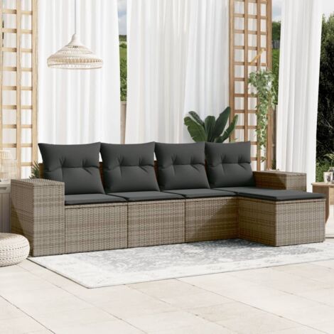 Salon de Jardin 5 Places en Résine Tressée Gris avec Coussins Déhoussables et Rangement - Canapé + Fauteuils + Pouf