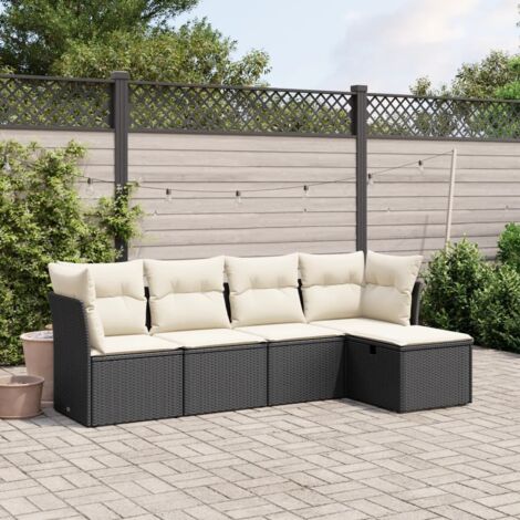 Salon de jardin 5 places en résine tressée noir avec coussins - Ensemble modulaire 2 sièges d'angle + 2 sièges centraux + repose-pieds - Housses lavables