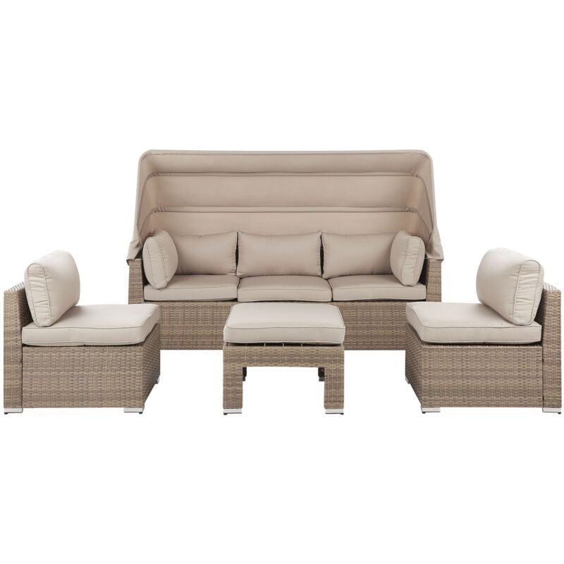 Salon de Jardin Modulable avec Toit Pare Soleil Intégré Résine Tressée Marron Clair et Coussins Beiges Inclus pour Extérieur Moderne Beliani