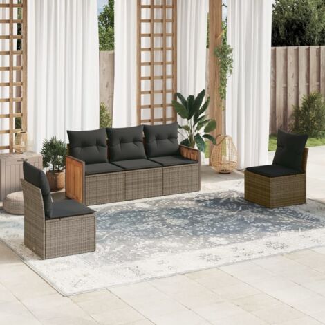 Salon de jardin 5 places gris en résine tressée, set canapé et fauteuils modulables avec coussins amovibles et housses lavables