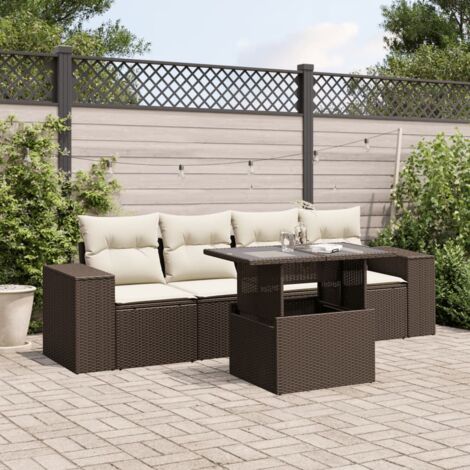 Salon de Jardin 5 Places Marron en Résine Tressée avec Coussins Lavables, Table Réglable 100x55 cm - 2 Sièges + 2 Fauteuils + 4 Coussins