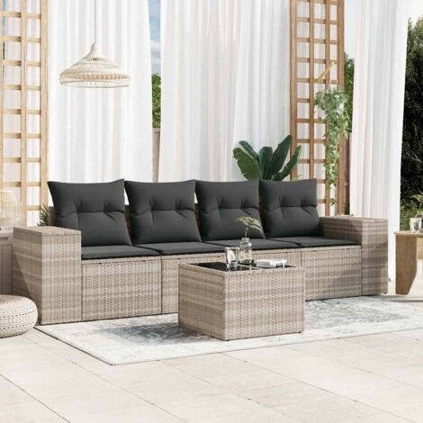 Salon de jardin 5 places résine tressée gris clair avec table en verre et coussins amovibles, modulaire et durable pour extérieur