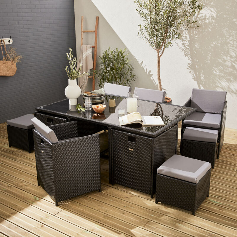 

Conjunto de muebles de jardín 6-10 plazas - Fregadero - Color negro, cojines grises, mesa incorporada. - Negro