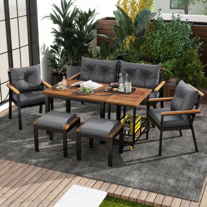 Salon de jardin 6-7 places avec fauteuils, table basse et desserte amovible, housse en tissu lavable et amovible - Ensemble table et chaises de