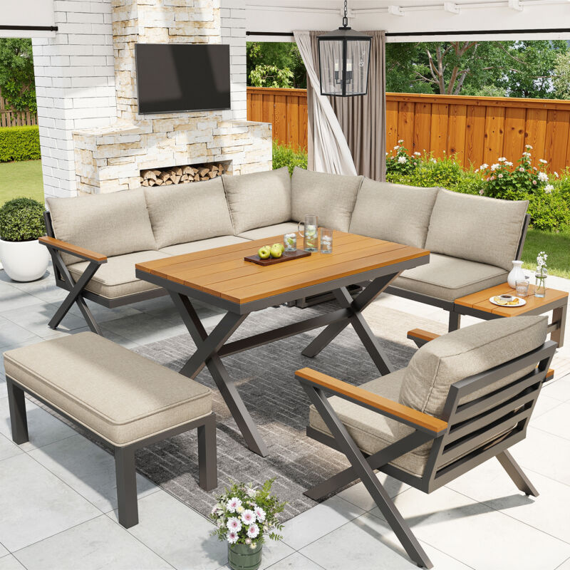 Salon de jardin 6-7 places - canapé d'angle - en fer galvanisé - tables manger en bois-plastique - fauteuils - banc - Beige Salon de jardin 6-7 places - canapé d'angle - en fer galvanisé - tables manger en bois-plastique - fauteuils - banc - Beige