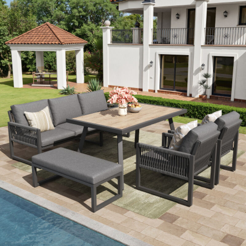 Salon de jardin 6-7 places en corde tressée, table 100x60 avec plateau effet bois, coussins épais déhoussables, gris