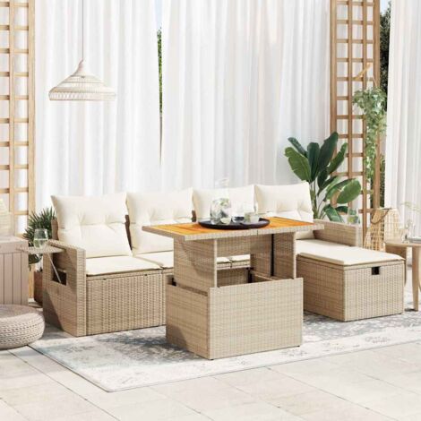 Salon de jardin 6 pcs avec coussins beige résine tressée acacia vidaXL