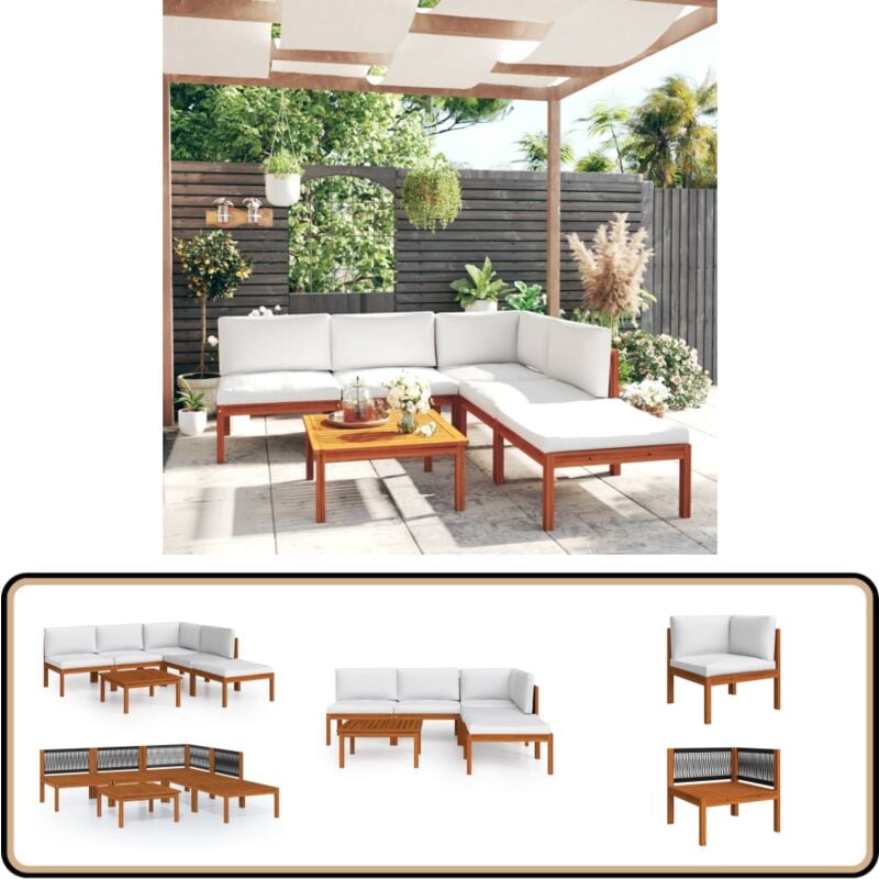 Salon de jardin 6 pcs avec coussins Crème Bois d'acacia solide - Salon De Jardin - Meuble Extérieur - Ensemble De Jardin - Mobilier De Jardin - Table