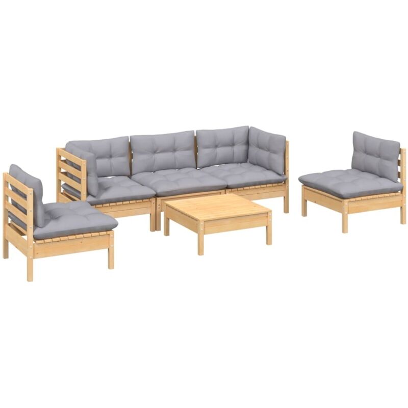 Salon de jardin 6 pcs avec coussins gris Bois de pin massif Vidaxl