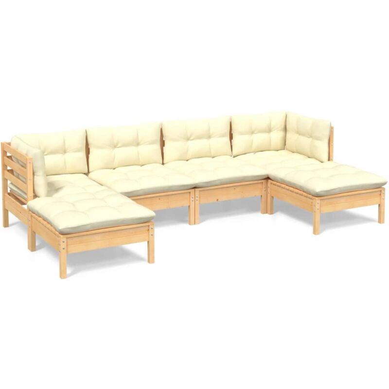 Salon de jardin 6 pcs avec coussins crème Bois de pin