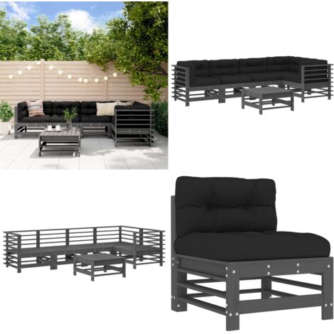 Salon de jardin 6 pcs avec coussins gris bois massif - Salon De Jardin - Mobilier De Jardin - Ensemble Salon - Meubles De Jardin - Bois Massif - Home & Living