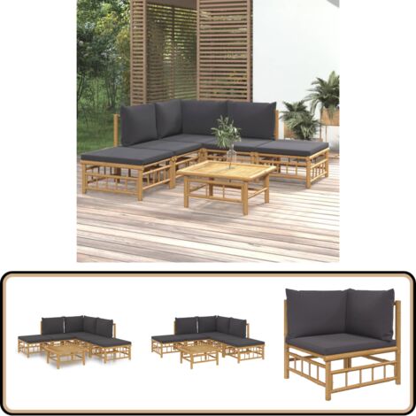 Salon de jardin 6 pcs avec coussins gris foncé bambou - Salon De Jardin - Mobilier De Jardin - Ensemble De Salon - Meubles De Jardin - Bambou