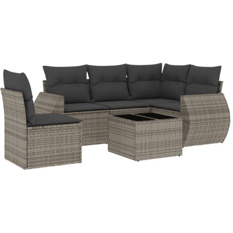 Salon de jardin 6 pcs avec coussins gris résine tressée