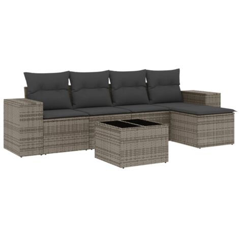 Salon de jardin 6 pcs avec coussins gris résine tressée