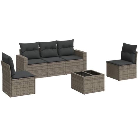 Salon de jardin 6 pcs avec coussins gris résine tressée