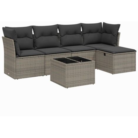 Salon de jardin 6 pcs avec coussins gris résine tressée